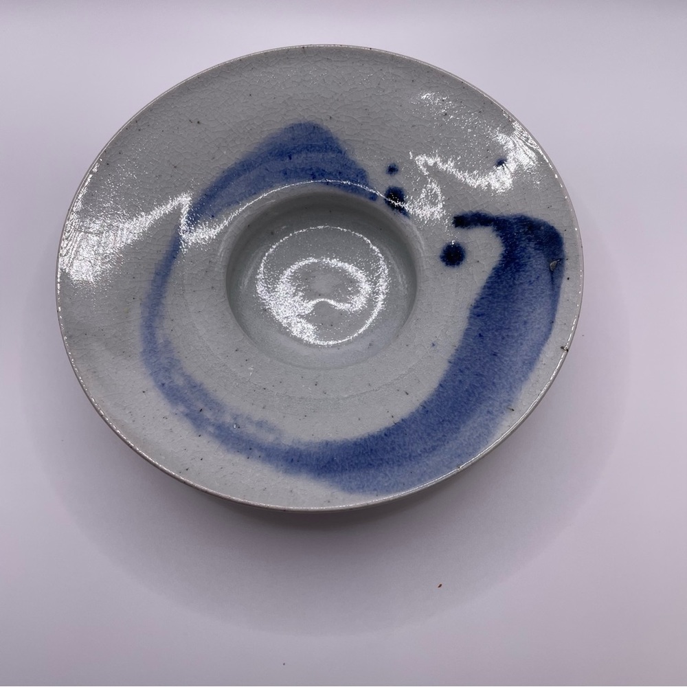 Studio Art Pottery Signed Blue Grey Crackle Glacé with Cobalt Swirl Bowl